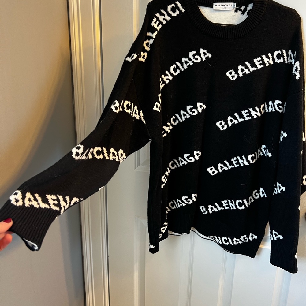 Women’s Balenciaga Black Sweater w/ Balenciaga White Logos Across. Size Small. - Picture 2 of 4